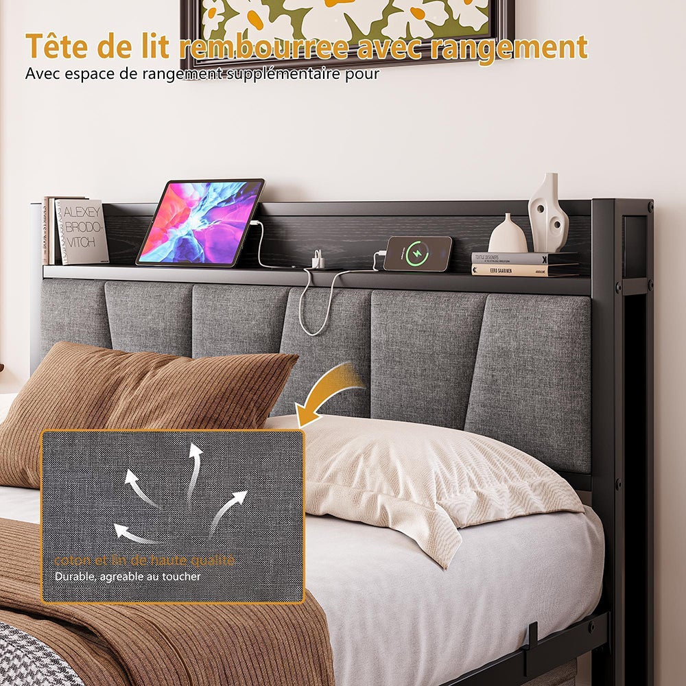 Łóżko dla dorosłych z inteligentnym oświetleniem LED i portami USB, metalowa konstrukcja, czarne - 140 x 190 cm - 8