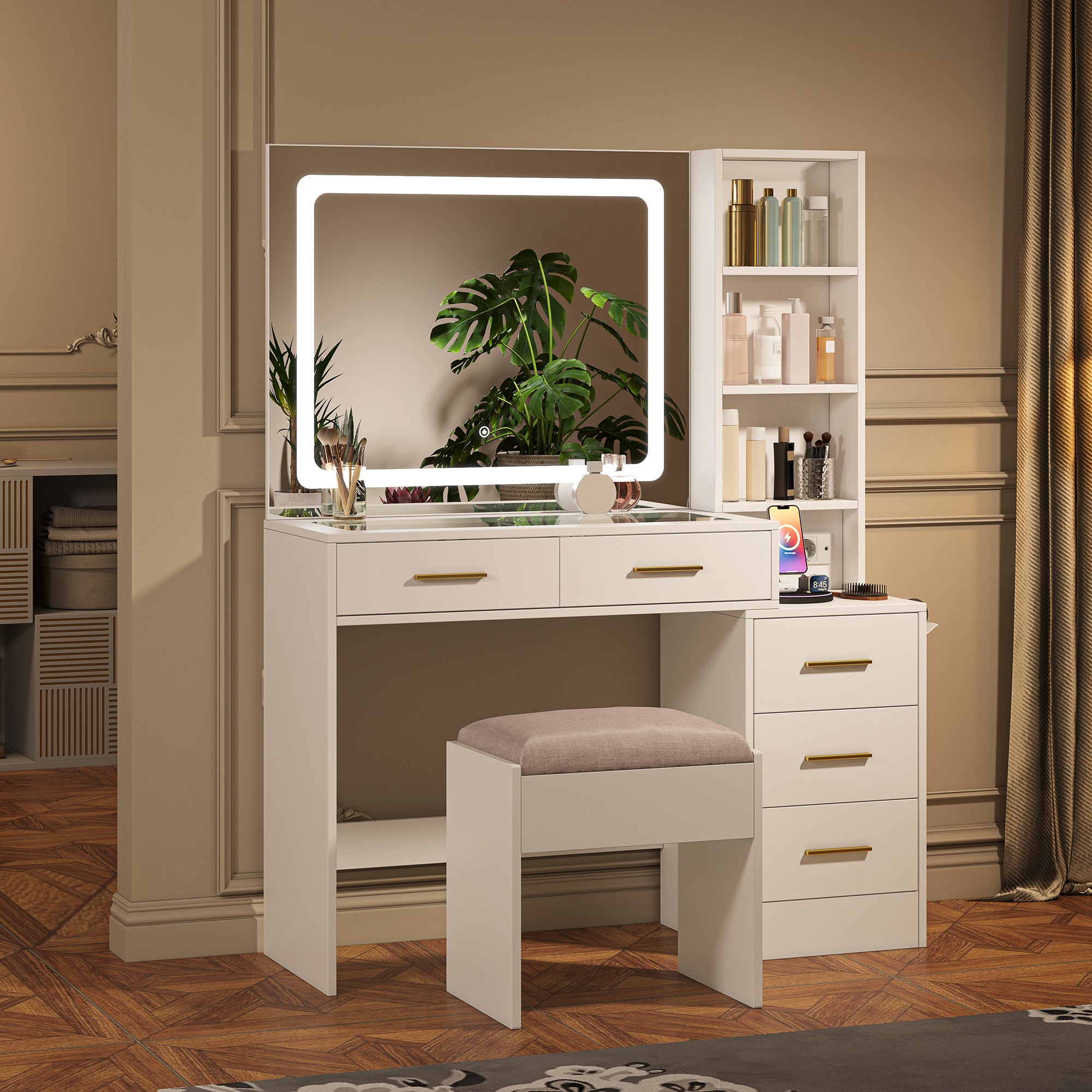 Coiffeuse, grand miroir de maquillage LED multicolore, station de recharge, tabouret inclus, 5 tiroirs avec poignées, étagères réglables - blanche - 2
