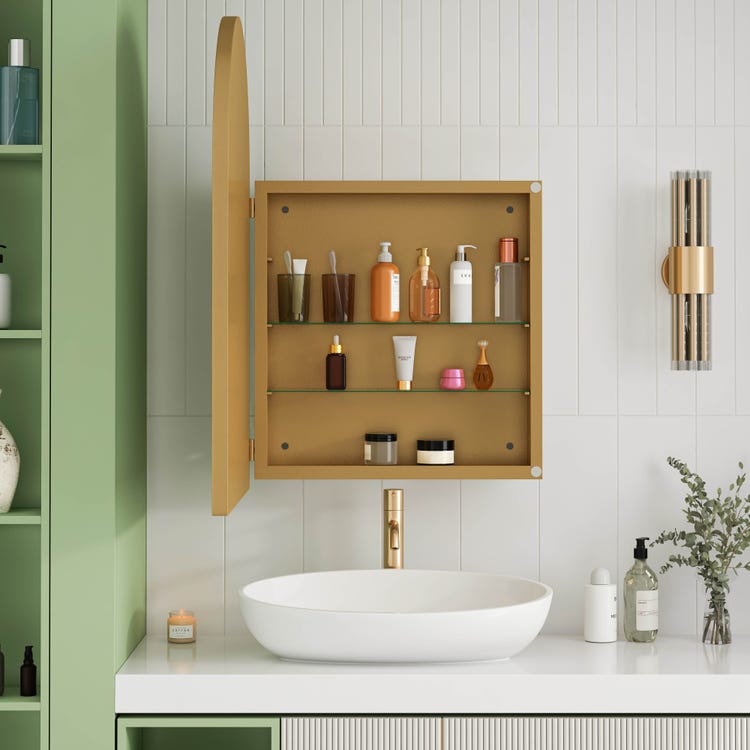Armoire Miroir Arquée Élégante avec Cadre Métallique Dorée , Étagères Ajustables, Installation Murale ou Encastrée, Idéale pour Salle de Bain - 3