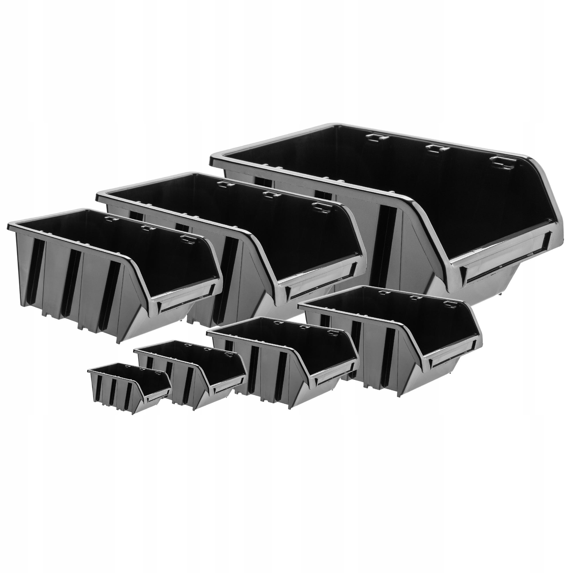 KADAX Boîtes de Rangement Murales, Boîtes Empilables en Plastique pour Organiser Vos Outils, Bacs à Bec pour Garage (Lot de 10 : Noir, 195 x 120 mm) - 4