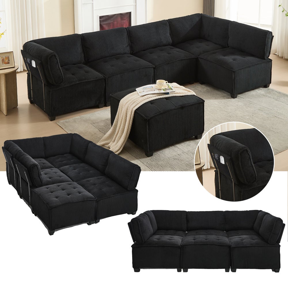Sofa modułowa, 6-osobowa, 308 cm, sztruks, kształt U/L, kieszenie do przechowywania, czarna
