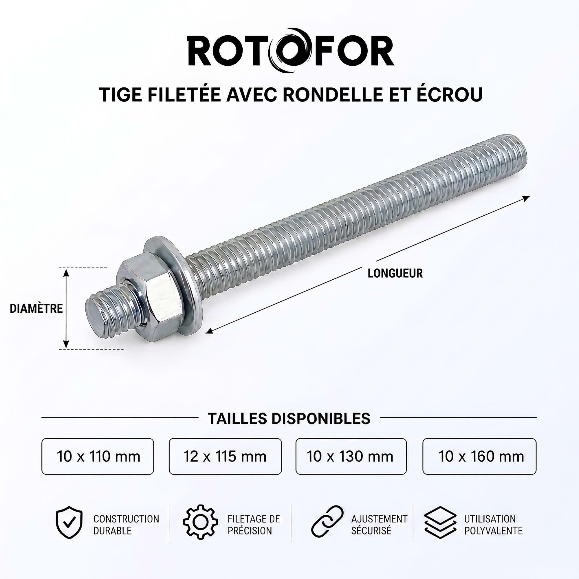 10 Tiges pour Scellement Chimique 5,8 acier Zn - diamètre 10 mm - Longueur 160 mm - Diamètre 10 - 12 mm - 2