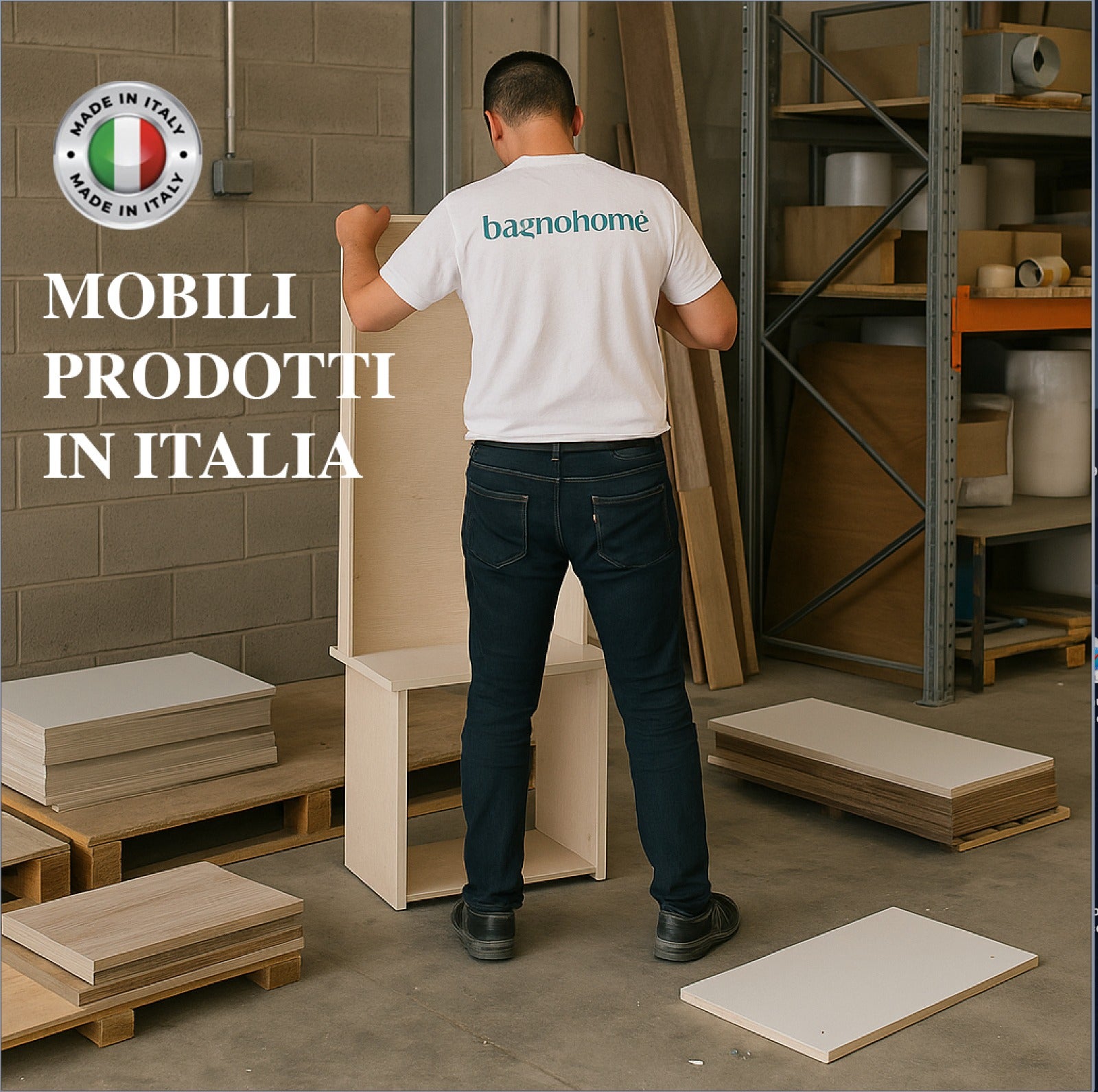 Mobile bagno sfalsato sospeso 100 cm in legno color cemento chiaro con 2 cassettoni, lavabo, specchio e faretto a led I Made in Italy - 10