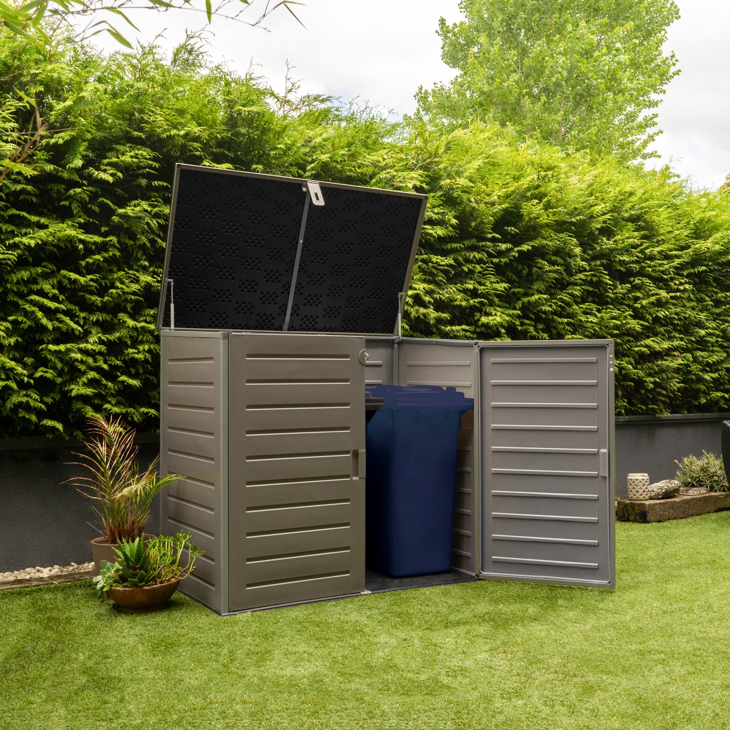 Armario Exterior Resina 1170 L – 140x82x124cm – Suelo Incluido – Puerta Doble y Tapa Abatible - 6