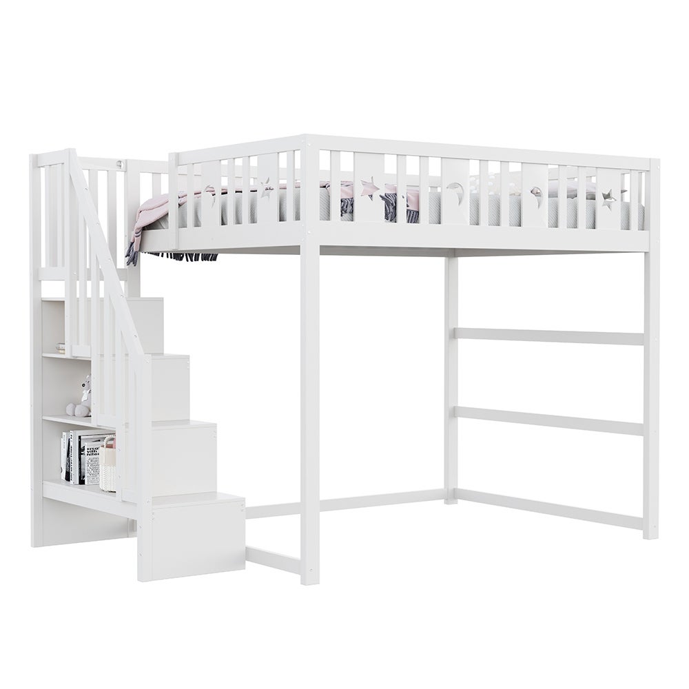 Lit superposé enfant 140x200 bois massif avec escalier et barrière sécurité étoiles-lune blanc - 3