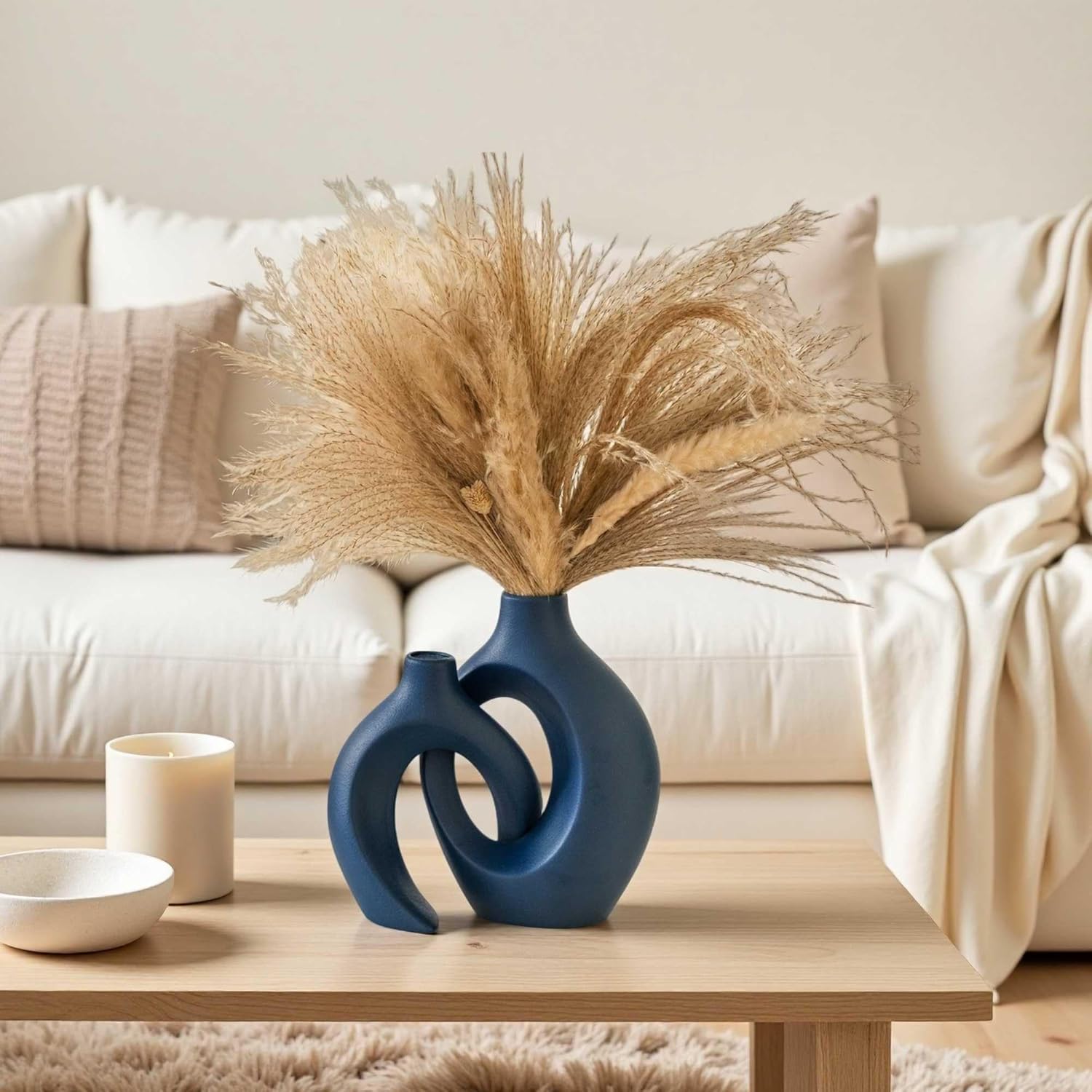 Ensemble de 2 vases en céramique, style bohème moderne nordique, vases décoratifs esthétiques en céramique pour la décoration intérieure (bleu) - 6