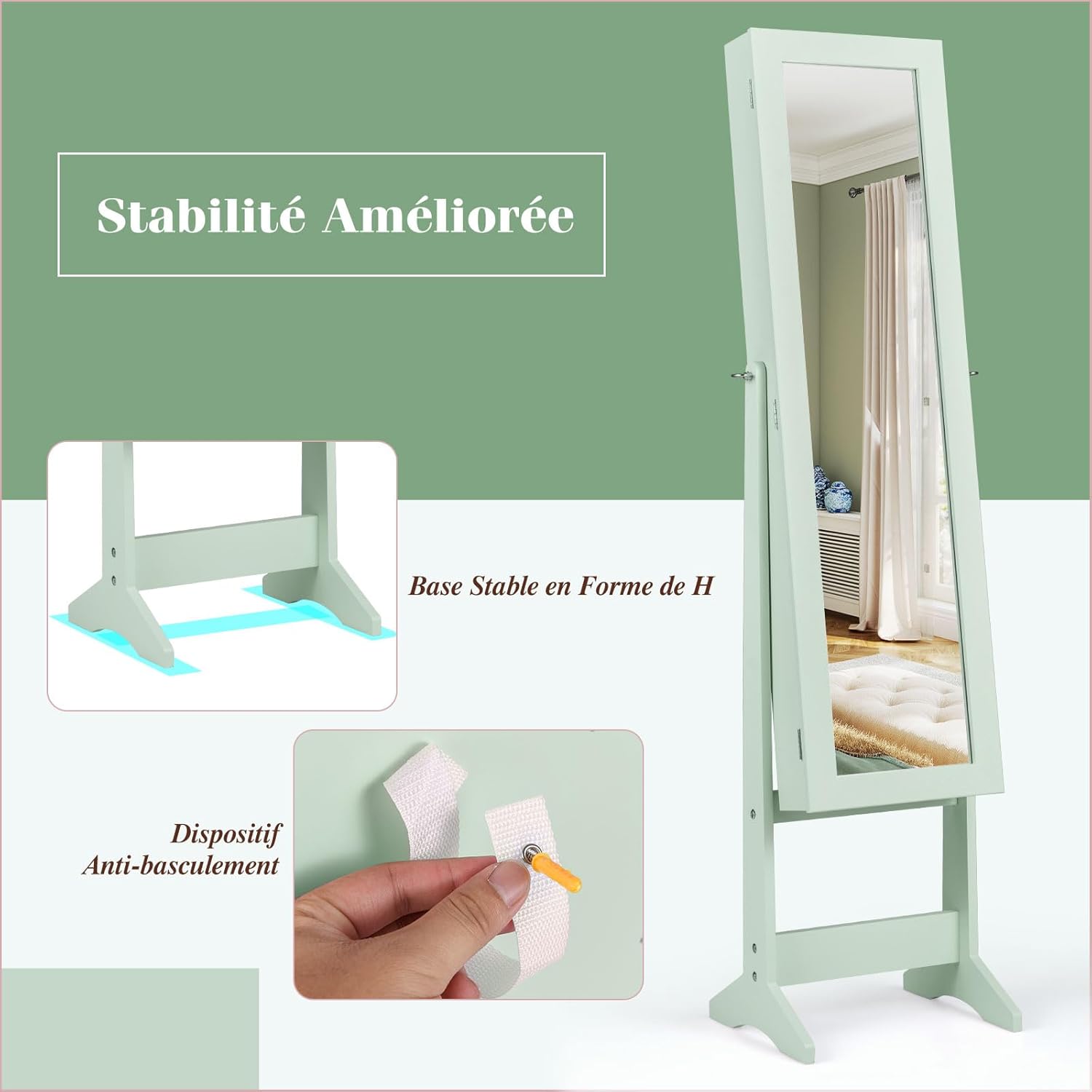 Armoire à Bijoux sur Pied avec Miroir Inclinable en 3 Positions, Armoire de Rangement Cosmétiques de Grande Capacité avec 4 Étagères(Vert) - 8
