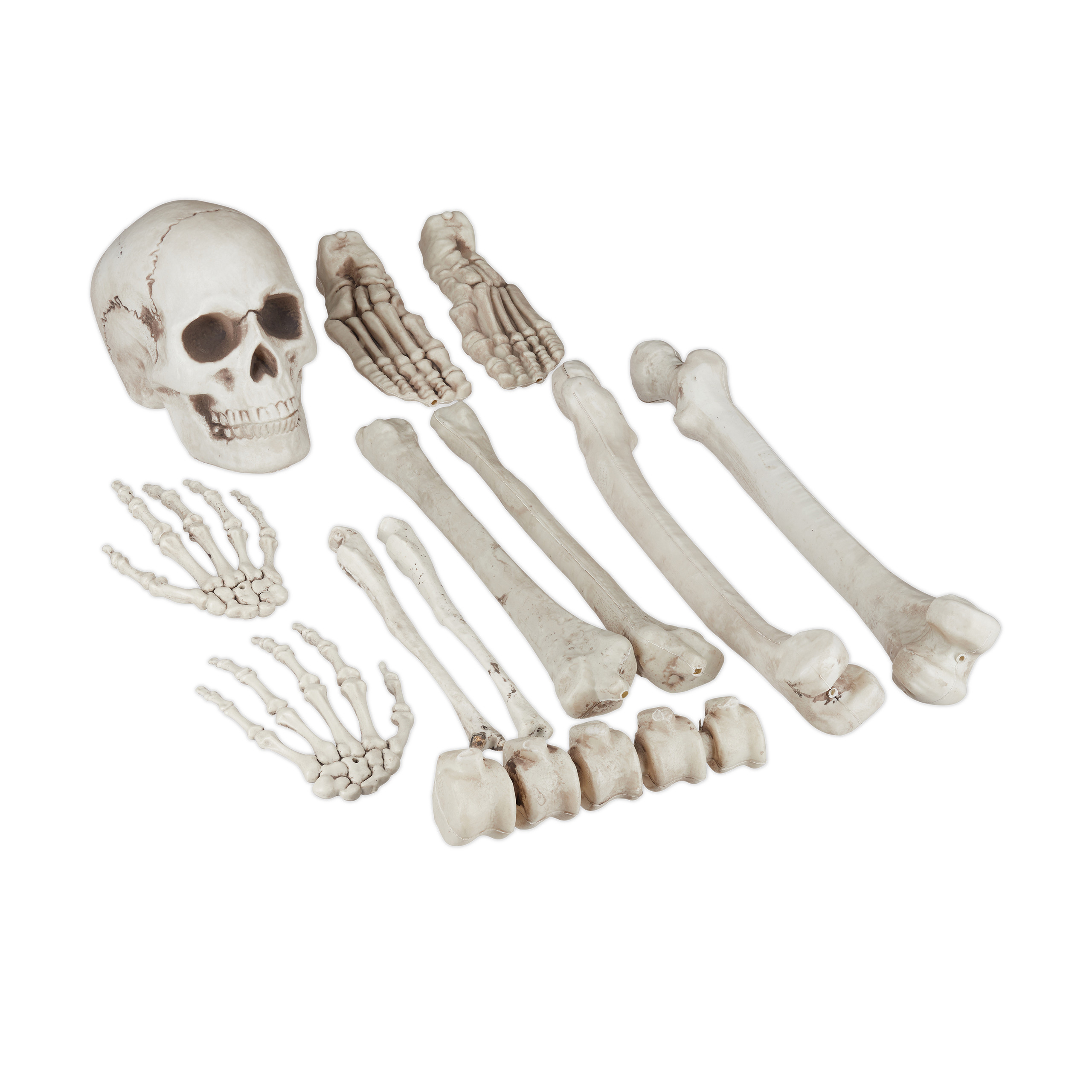 Relaxdays esqueleto decoración halloween, kit 12 huesos decorativos, interior y exterior, calavera, manos y más, crema