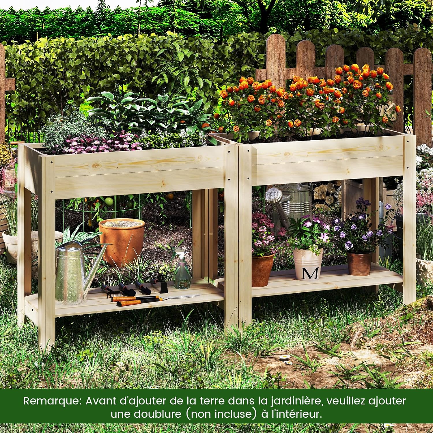 Jardinière Surélevée en Bois avec Pieds, Lit de Jardin avec Étagère de Rangement et Trous de Drainage, Conteneur (81 x 37 x 77 cm) - 8