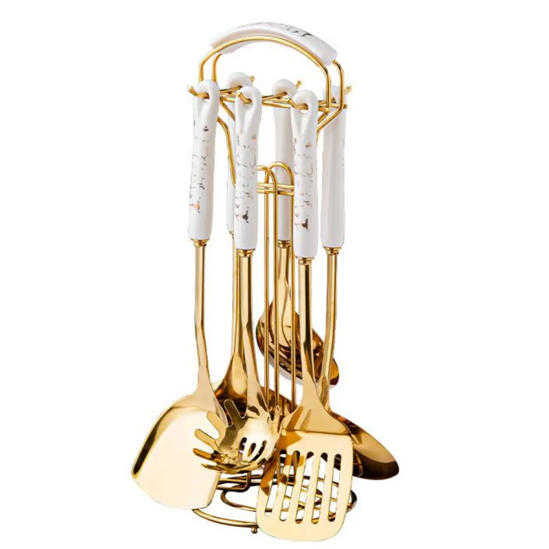 Zestaw 7 białych przyborów kuchennych ze stali nierdzewnej z ceramicznymi uchwytami