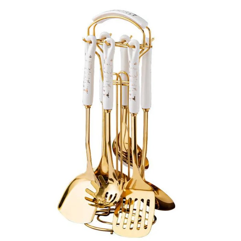 Zestaw 7 białych przyborów kuchennych ze stali nierdzewnej z ceramicznymi uchwytami