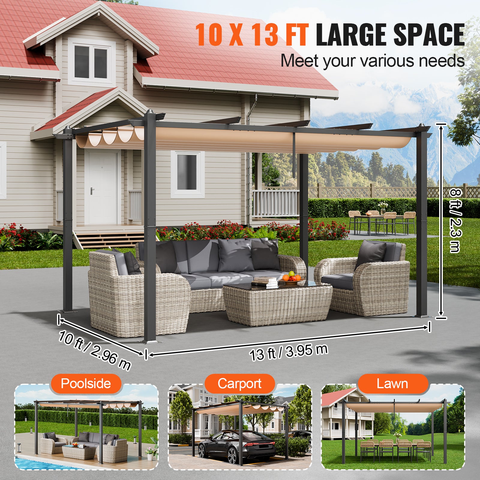 Pérgola retráctil para exteriores de 3 x 4 metros con toldo,SucceBuy de aluminio,para patio y jardín (beige) - 7