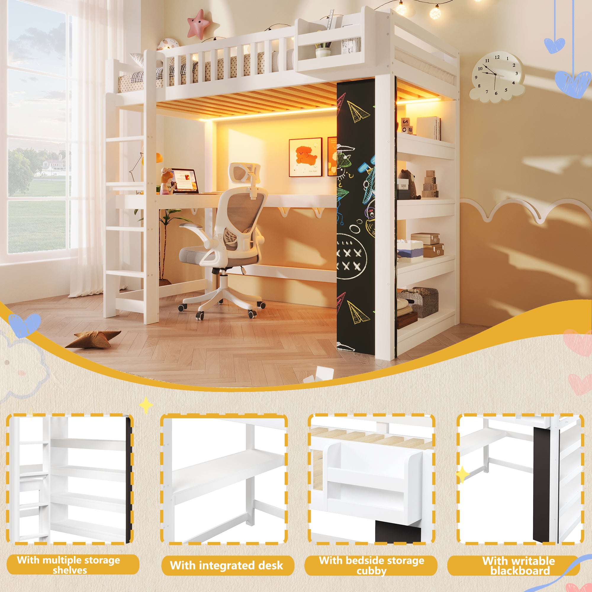 Lit mezzanine enfant avec bureau et rangements,Lit multifonction avec tableau noir + étagère + éclairage LED,sommier en pin, 90x200 cm - blanc - 4