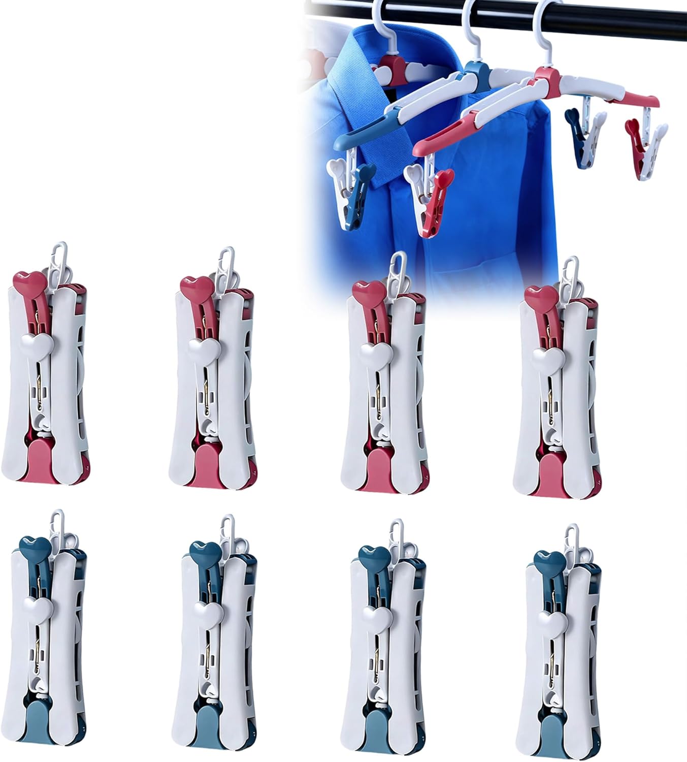 6 Grucce Da Viaggio Pieghevoli 360° – Salva Spazio Con Clip Per Pantaloni – Rosse E Blu Per Campeggio E Hotel