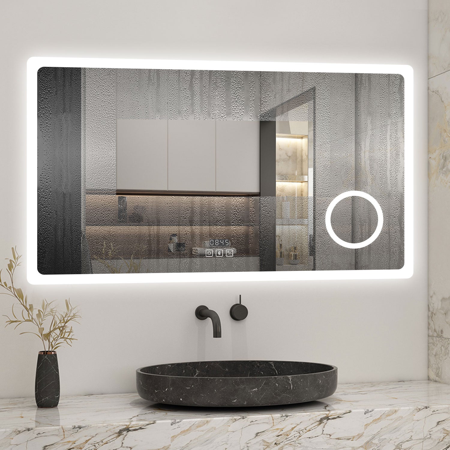 AICA Miroir lumineux Horloge + loupe + bluetooth + tricolore + anti-buée 100x60cm salle de bain dimmable,mémoire,tactile,led - 2