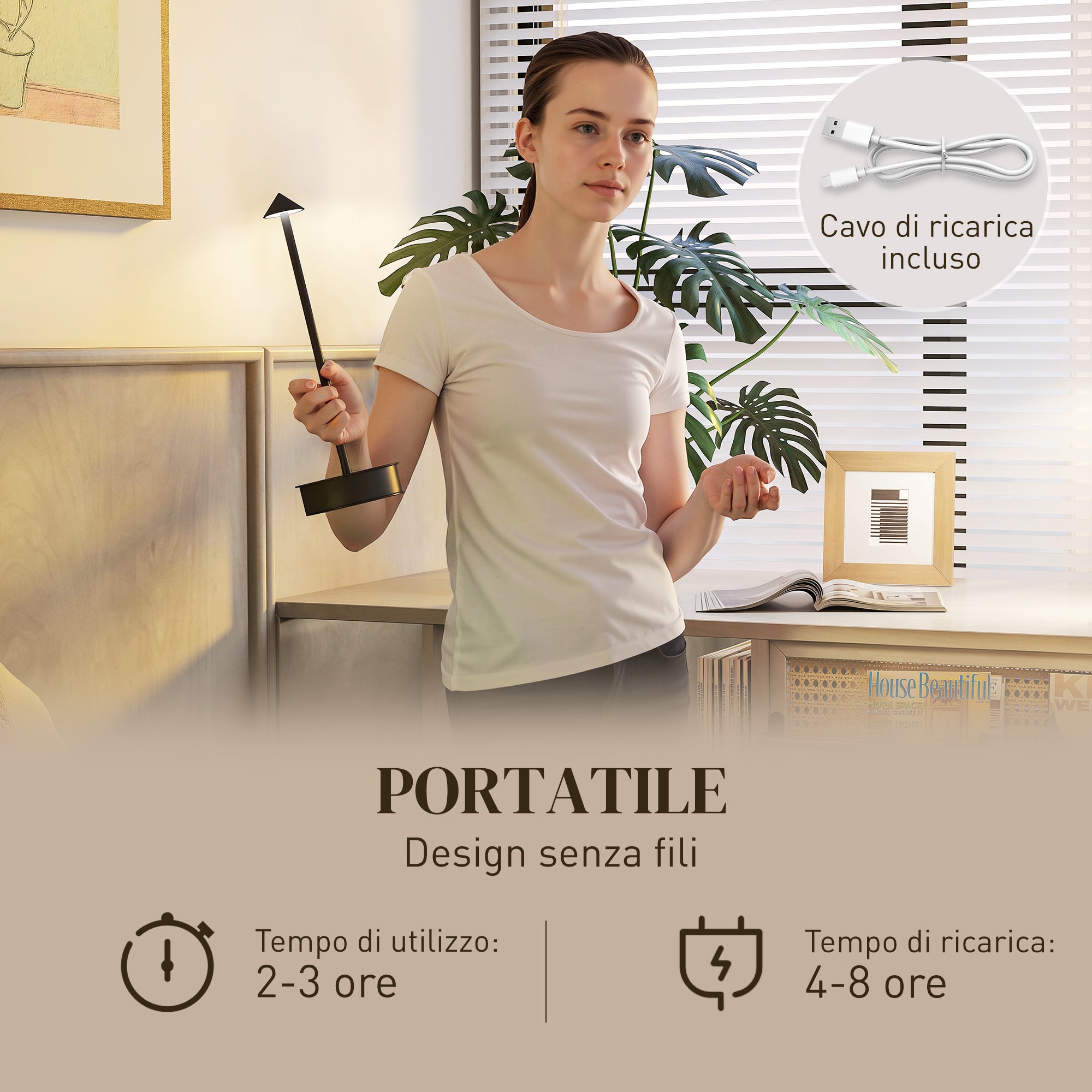 Lampe de table rechargeable USB, sans fil, avec température de couleur réglable (3000K/4500K/6000K), commande tactile, autonomie de 4 à 8 heures, noir - 5