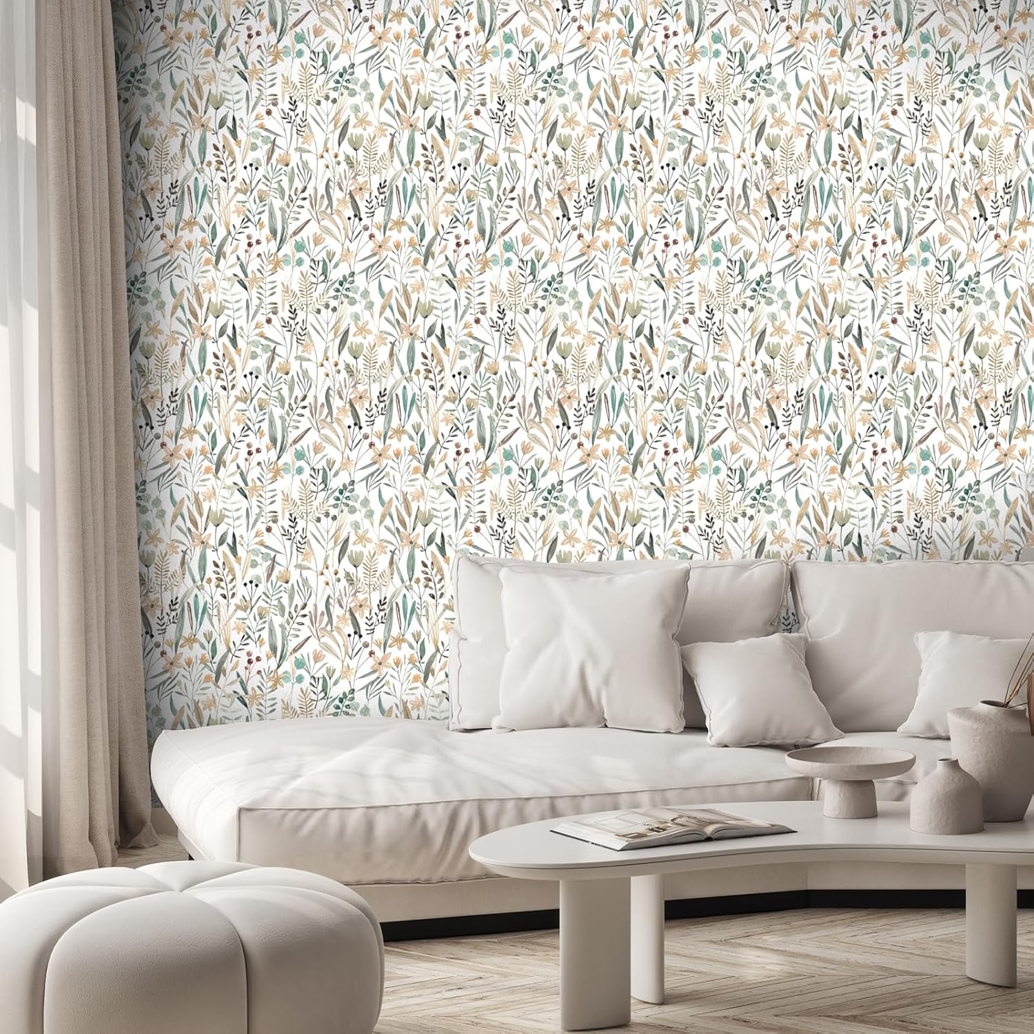 Papier Peint Autocollant Verte Papier Peint Fleuri 45cmx300cm Rouleau Adhesif Decoratif Stickers Muraux Blanc Motif Botanique Aquarelle Film Adhesif - 5