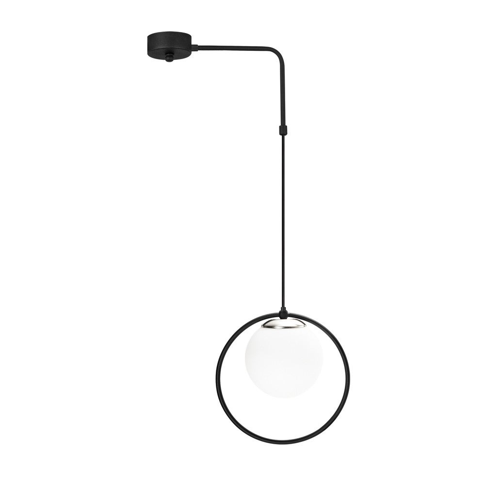 Lámpara colgante escott nórdico desplazable con aro negro y esfera cristal blanco en el interior