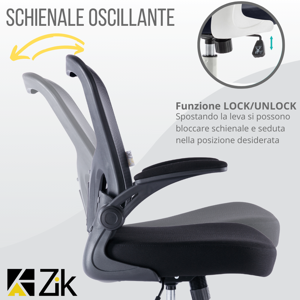 Sedia Ufficio Ergonomica Girevole Reclinabile da Scrivania con Braccioli, Regolabile in Tessuto Nero - ZIK - 3