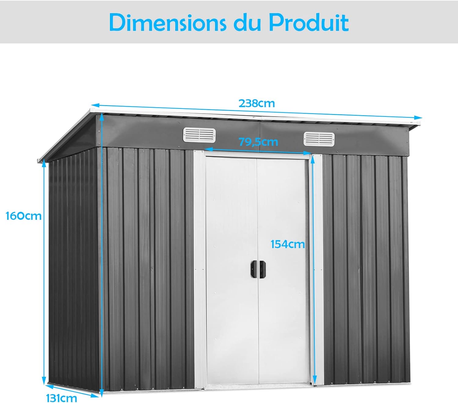 2.97M² Abri de Jardin en Métal,Cabane à Outils en Tôle Galvanisée,Remise de Jardin avec Porte Coulissante,Bouches d'Aération,238x131x181cm - 2