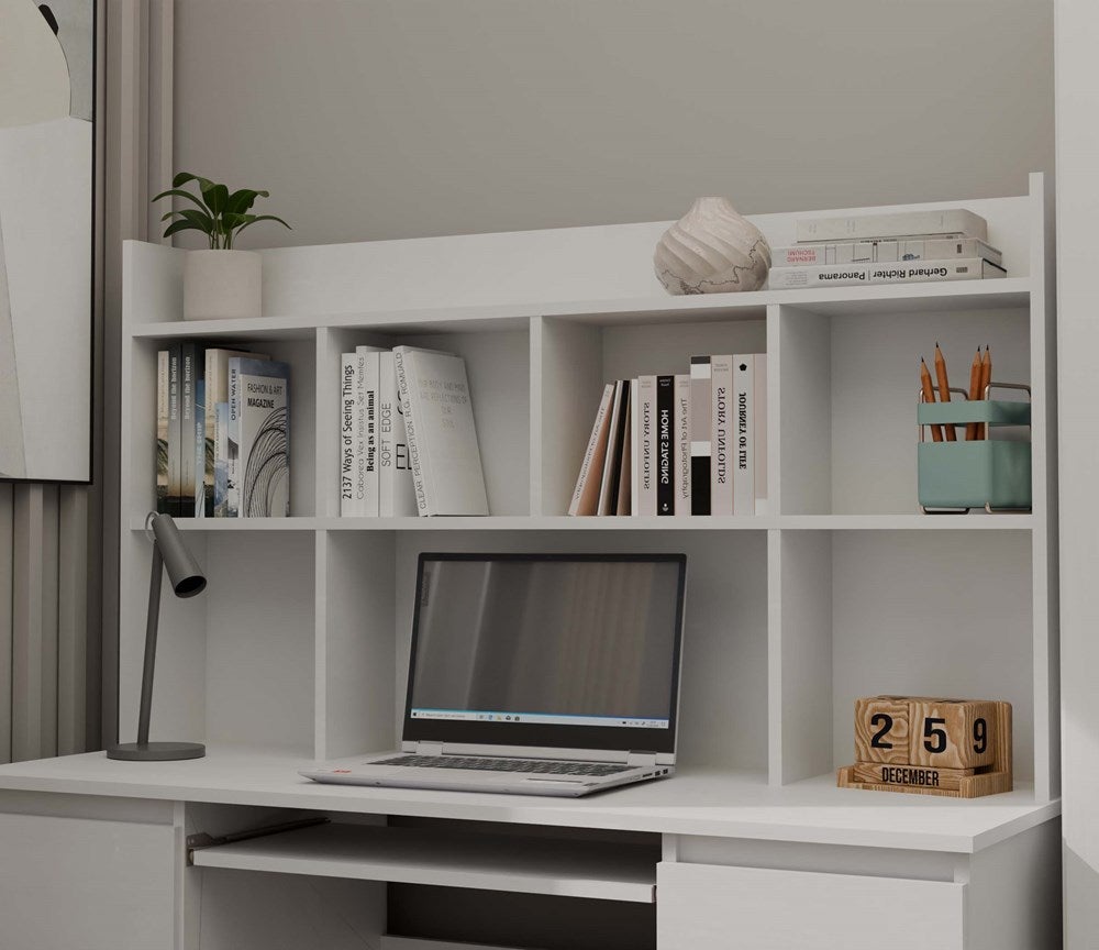 KUBA - Bureau avec étagère supérieure - blanc mat - 6 tiroirs & rangements - 3