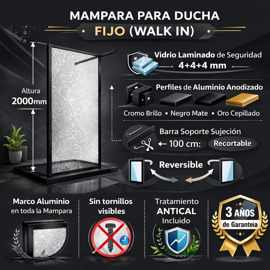Mampara de Ducha Fija 110x200 cm Negro Cristal Templado 12 mm Efecto Roto con Antical – Mampara Exclusiva - 7