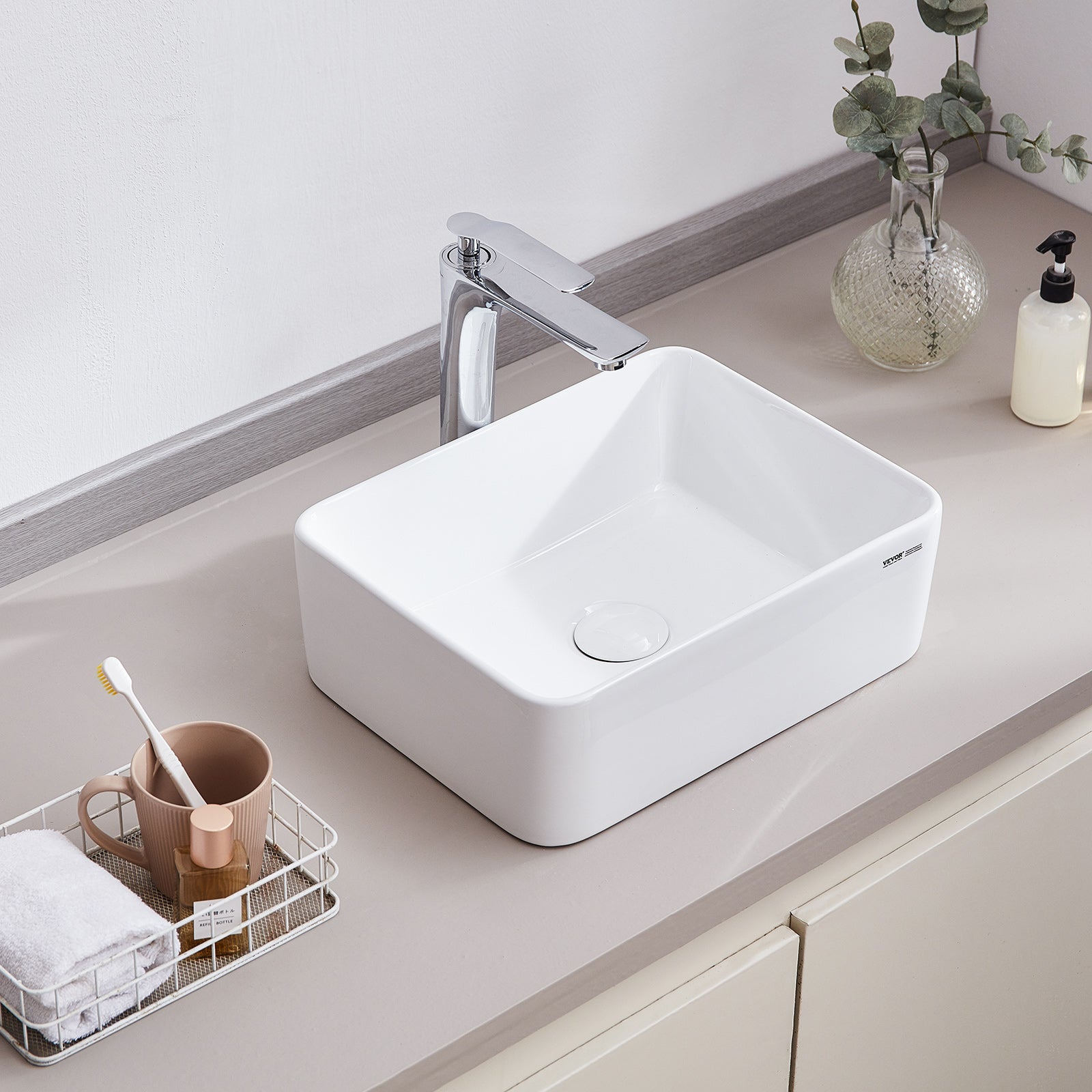 Lavabo rectangulaire 406x305 mm,VEVOR vasque à poser en céramique blanche,style contemporain,adapté aux salles de bains,hôtels,toilettes - 8