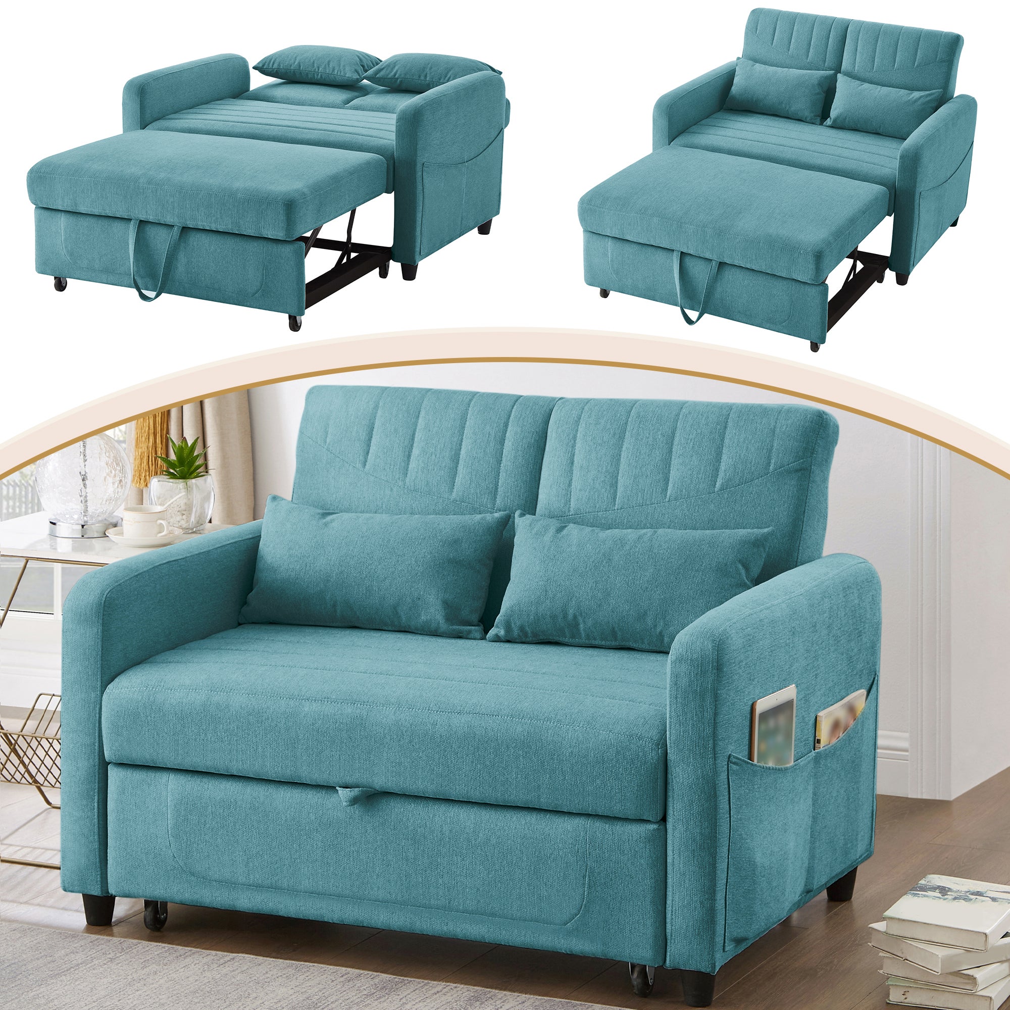 Sofa 2-osobowa rozkładana z 3-stopniową regulacją oparcia - 114 x 77 x 82,5 cm - Tkanina bawełniano-lniana - Niebieska - 2