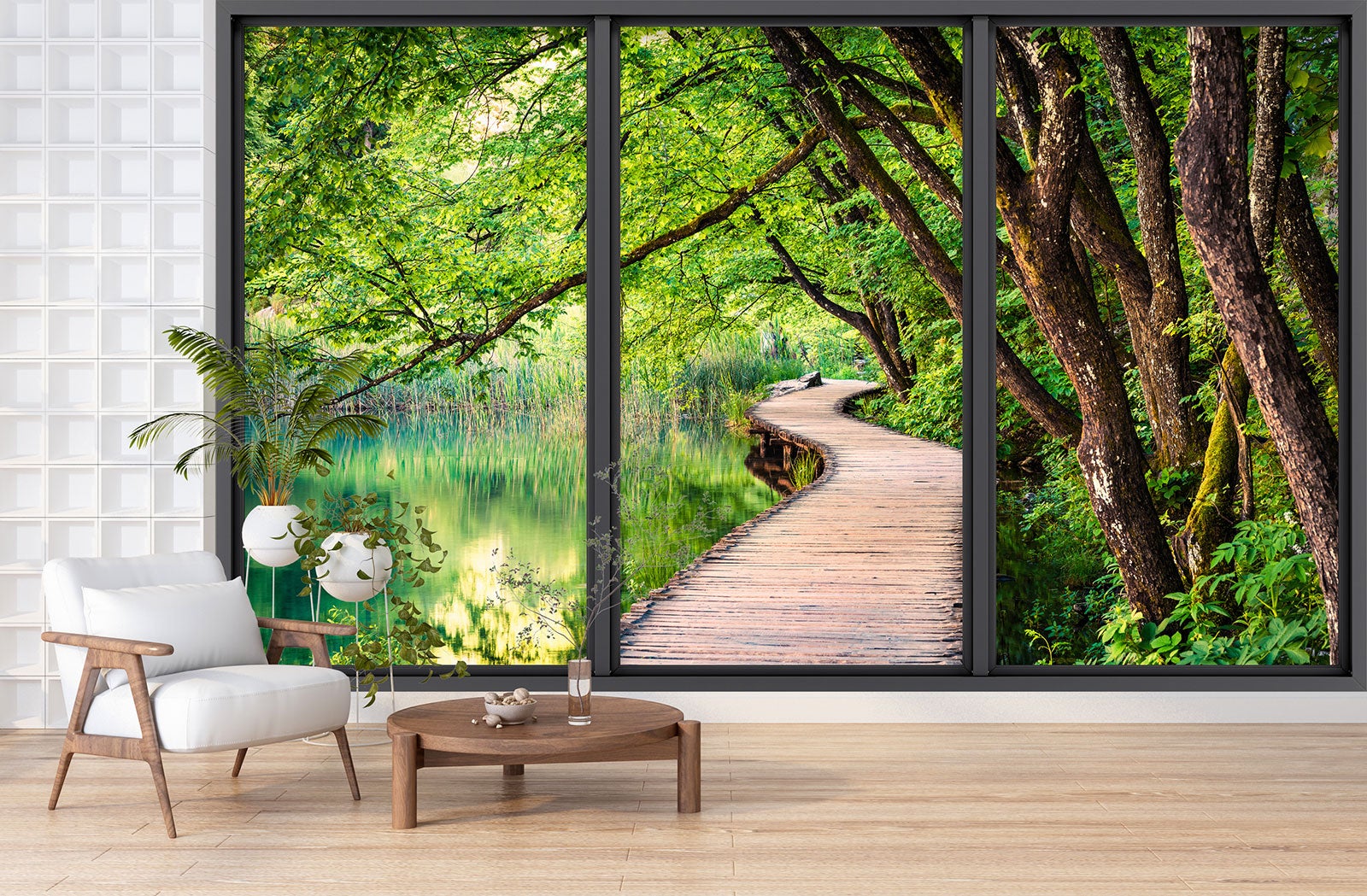 Papier peint panoramique intissé décoratif Trompe l'oeil baie vitrée - Ponton forêt - L260 cm x H156 cm - 3