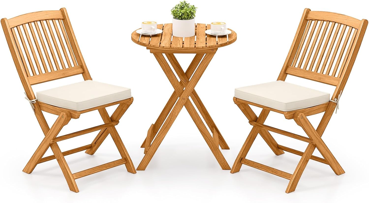 3-częściowy zestaw mebli tarasowych, zestaw mebli ogrodowych, ergonomiczny zestaw do siedzenia z drewna akacjowego z 2 poduszkami, zestaw bistro na