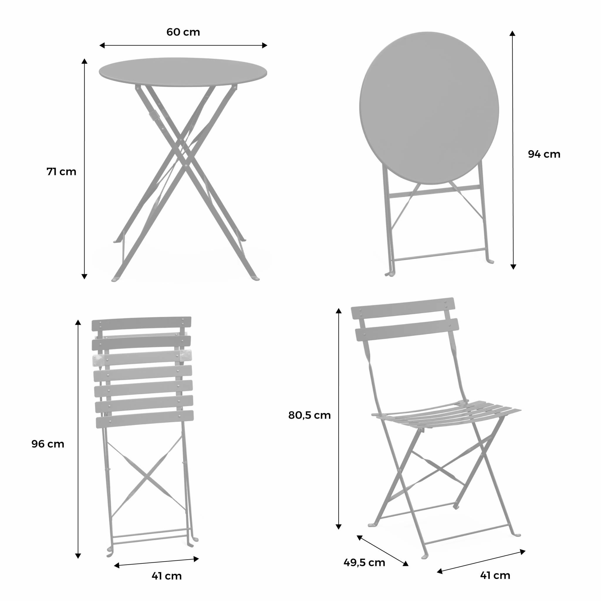 Table de jardin bistrot pliante métal + 2 assises vert de gris Ø60 x 70cm. acier thermolaqué EMILIA - 8