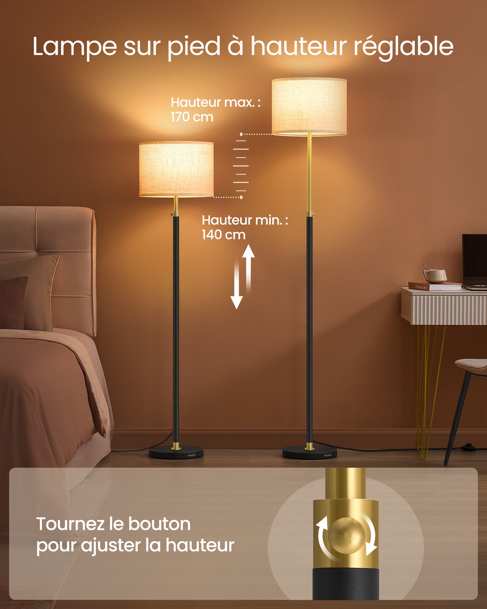 VASAGLE Lampe sur Pied, Hauteur Réglable de 140 à 170 cm, Abat-Jour en Tissu, Douille E27, Doré et Noir - 3