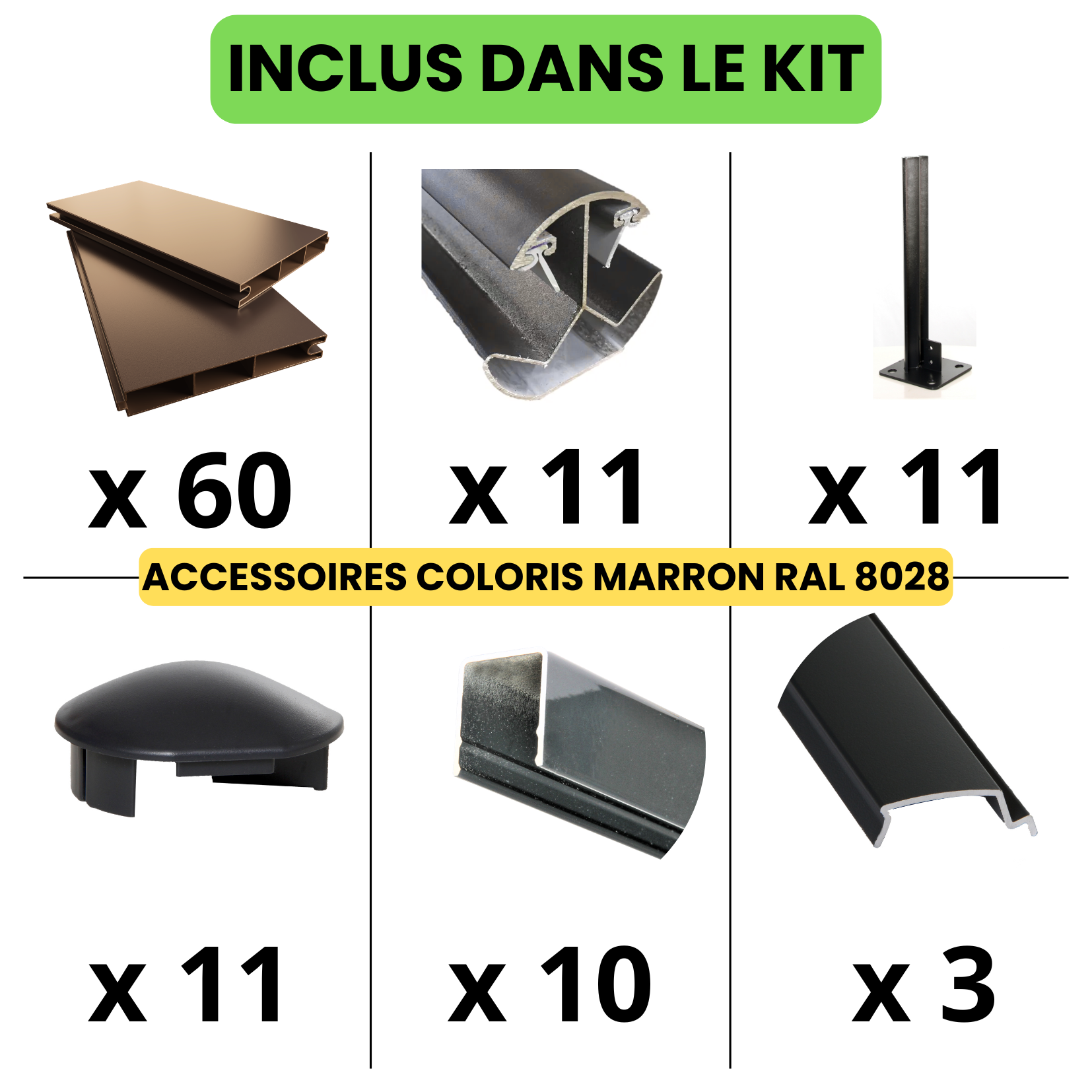 Kit complet clôture aluminium - 10 panneaux complets - 18 x 1 m - Prêt à poser - Marron - 6