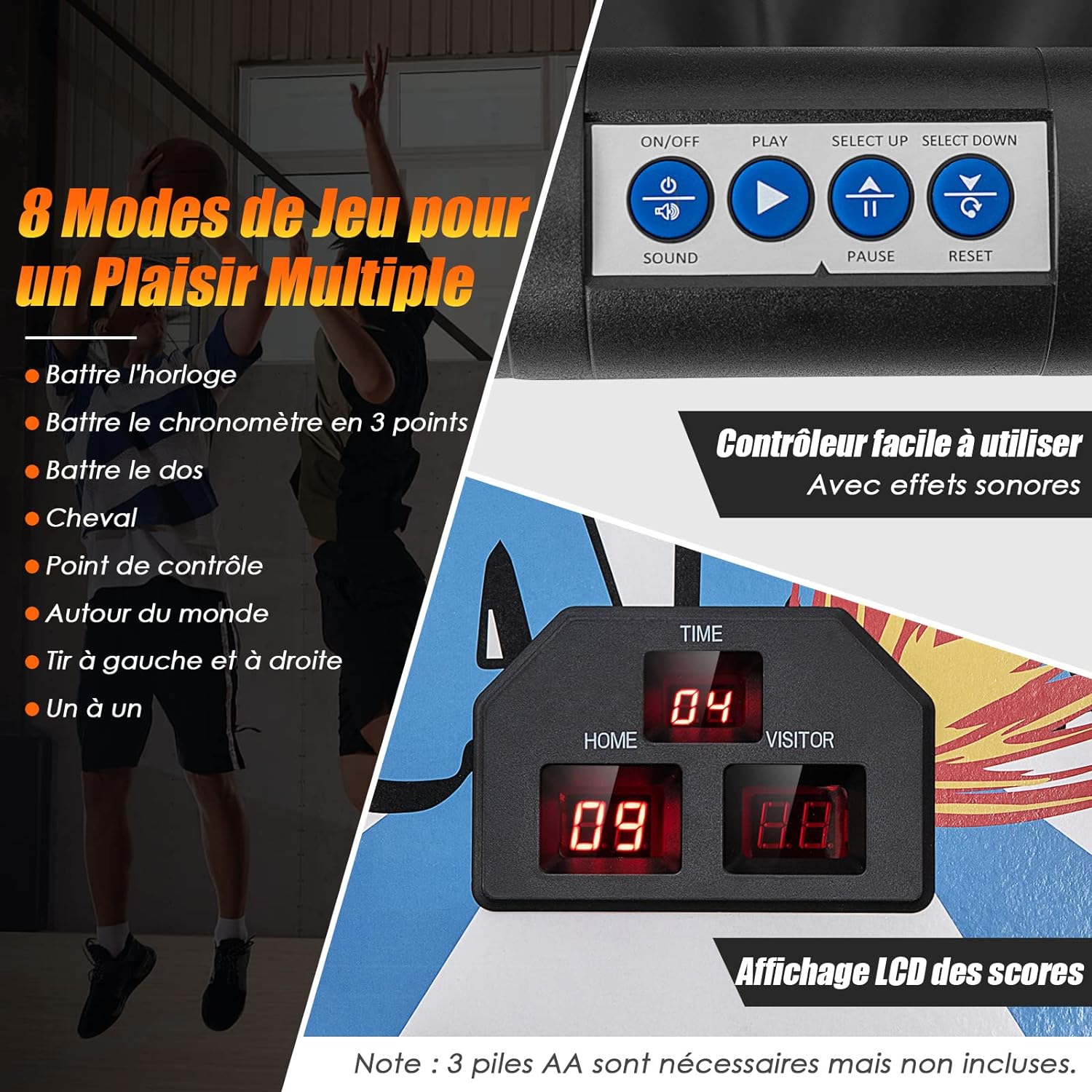Jogo de basquetebol dobrável, 2 aros e 4 bolas, 8 modos de jogo, sensor elétrico, placar LED, 4 botões de funcionamento, 207 x 108 x 205 cm - 3