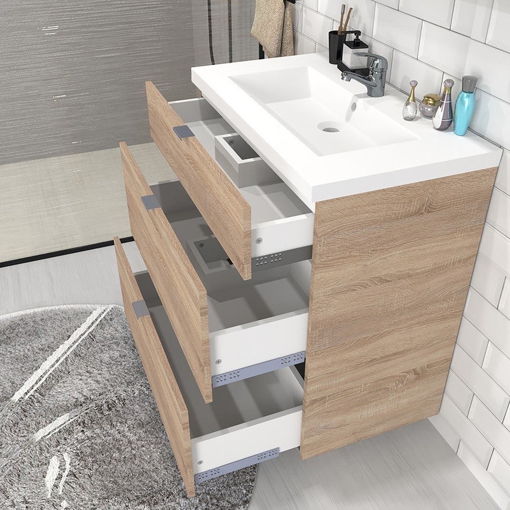 Meuble sous-vasque 3 tiroirs MARBELLA 80 cm + vasque / Décor Chêne blanchi - 3