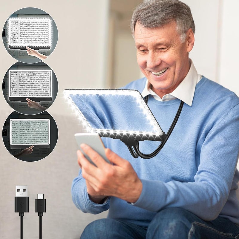 Ładowalna lupa powiększająca bez użycia rąk z oświetleniem i podstawką, lupa 1,8x do noszenia na szyi, pełnostronicowa lupa do czytania książek