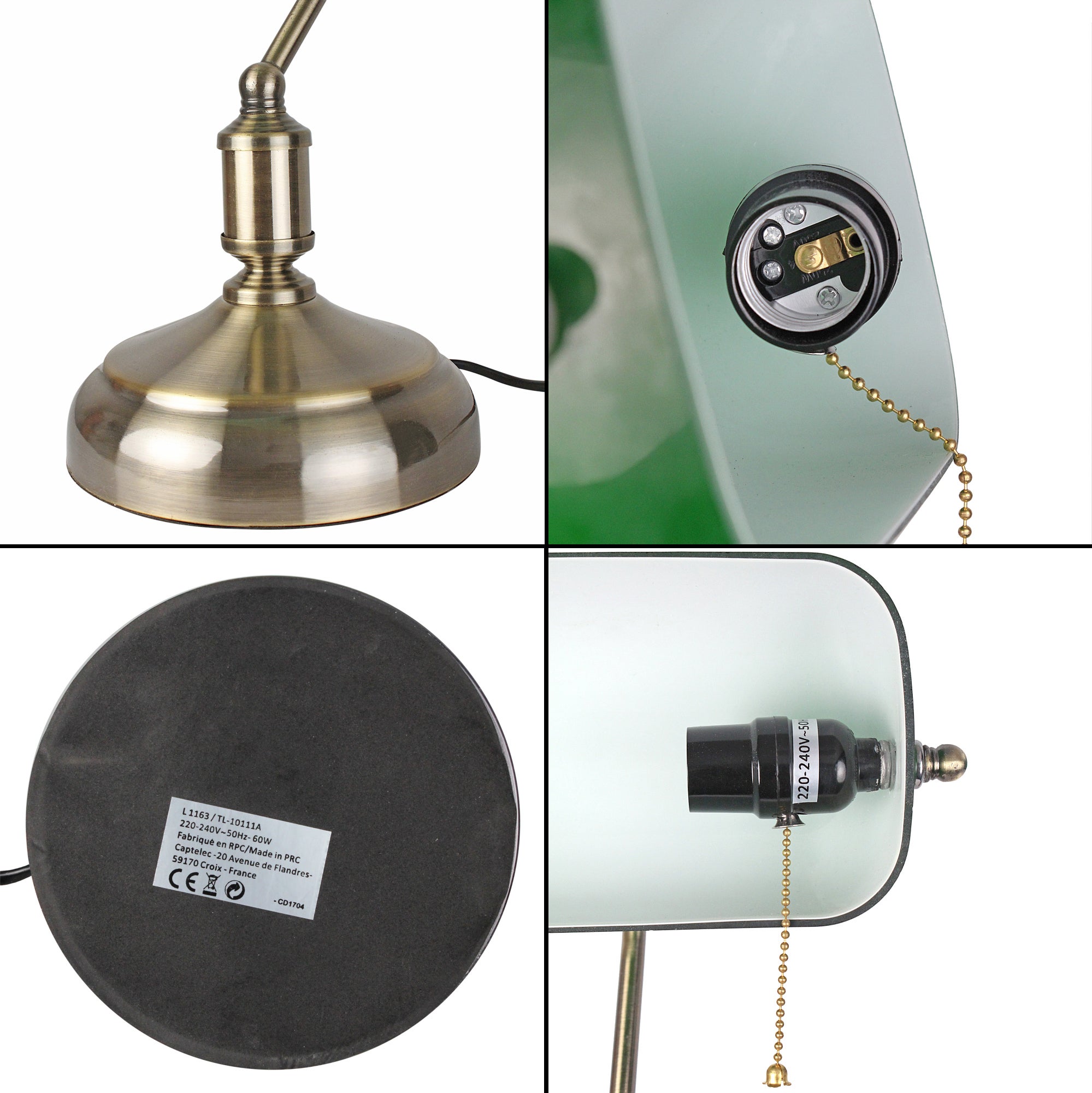 FISHTEC - Lampe banquier verte vintage - opaline inclinable - E27 60W - cuivre/laiton - chaînette - 38x26,5 cm - 8