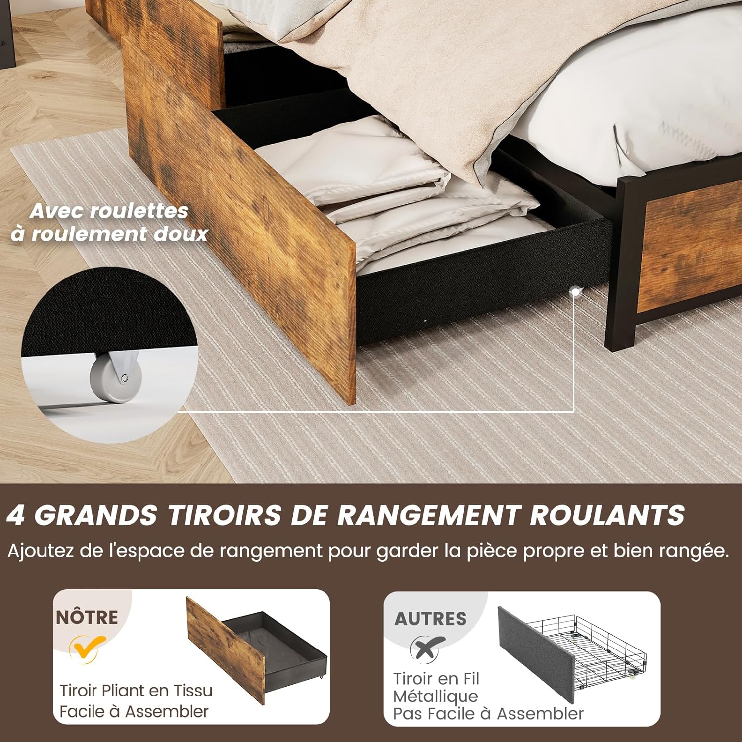 Letto con 4 Cassetti e Testiera, Struttura Letto 200x160 cm con Luci LED Regolabile e Presa Multipla, Carico Massimo 300kg, Silenzioso (200x16 - 7