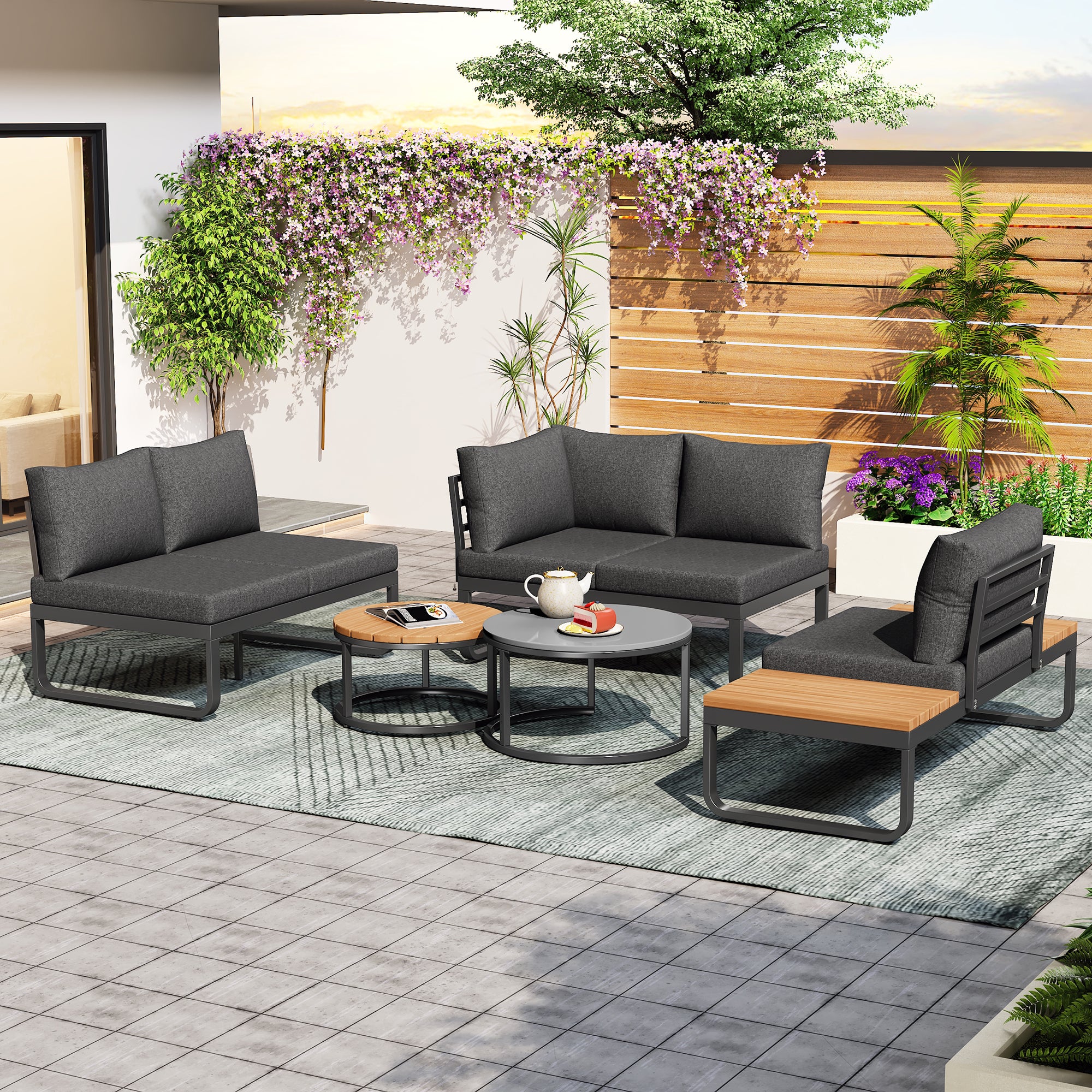 Salon de jardin modulable en fer galvanisé : 2 canapé 2 places + 1 canapé 1 place + 1 tabouret + tables basses gigognes - Gris - 3