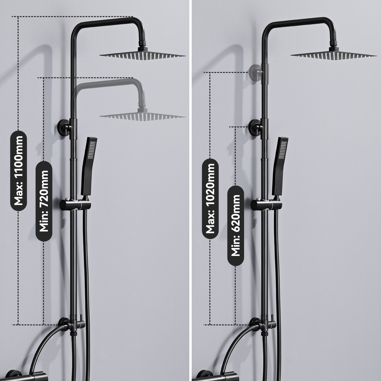 Auralum max Colonne Douche Noir sans Mitigeur Ensemble Douche avec Douchette,Réglable en hauteur avec Tête Douche Carrée 20*20cm,Acier Inoxydable - 7