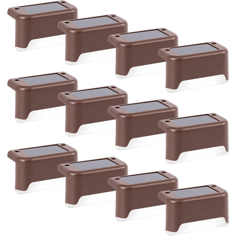 12 wodoodpornych lamp solarnych LED do schodów, stopni, poręczy i tarasów (ciepła biel, brąz)