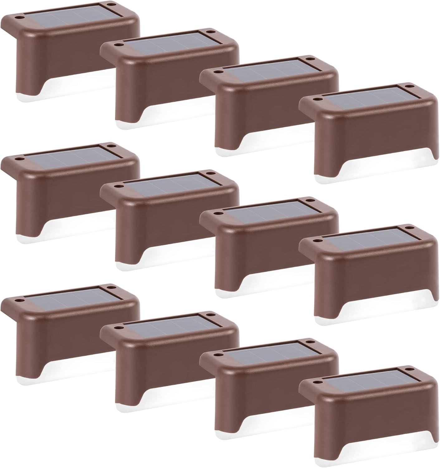 12 wodoodpornych lamp solarnych LED do schodów, stopni, poręczy i tarasów (ciepła biel, brąz)