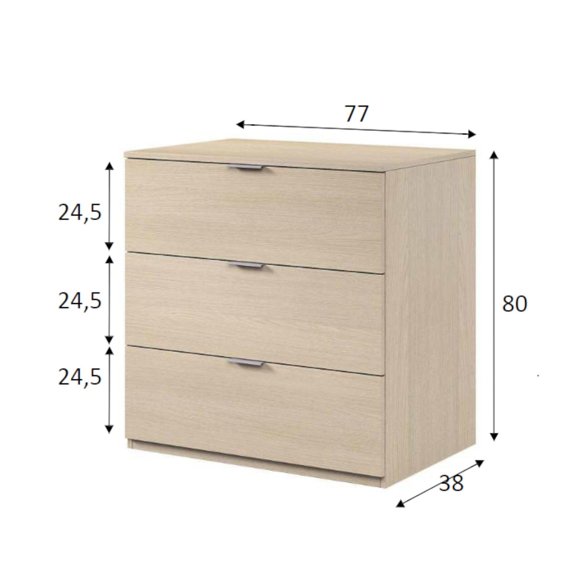 Commode Rea, Commode moderne avec 3 tiroirs, Commode basse pour chambre à coucher, Commode armoire, 77x38h80 cm, Chêne - 3