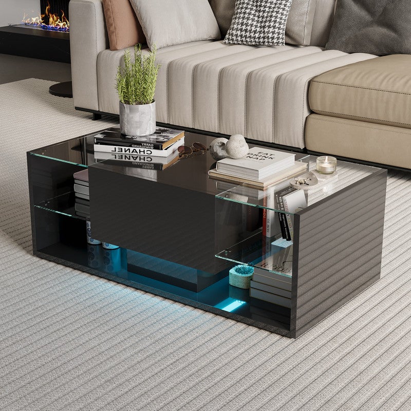 Table basse, Table basse salon LED avec espace de rangement, Table brillante avec étagère en verre, 100L x 50B x 35H cm - 3