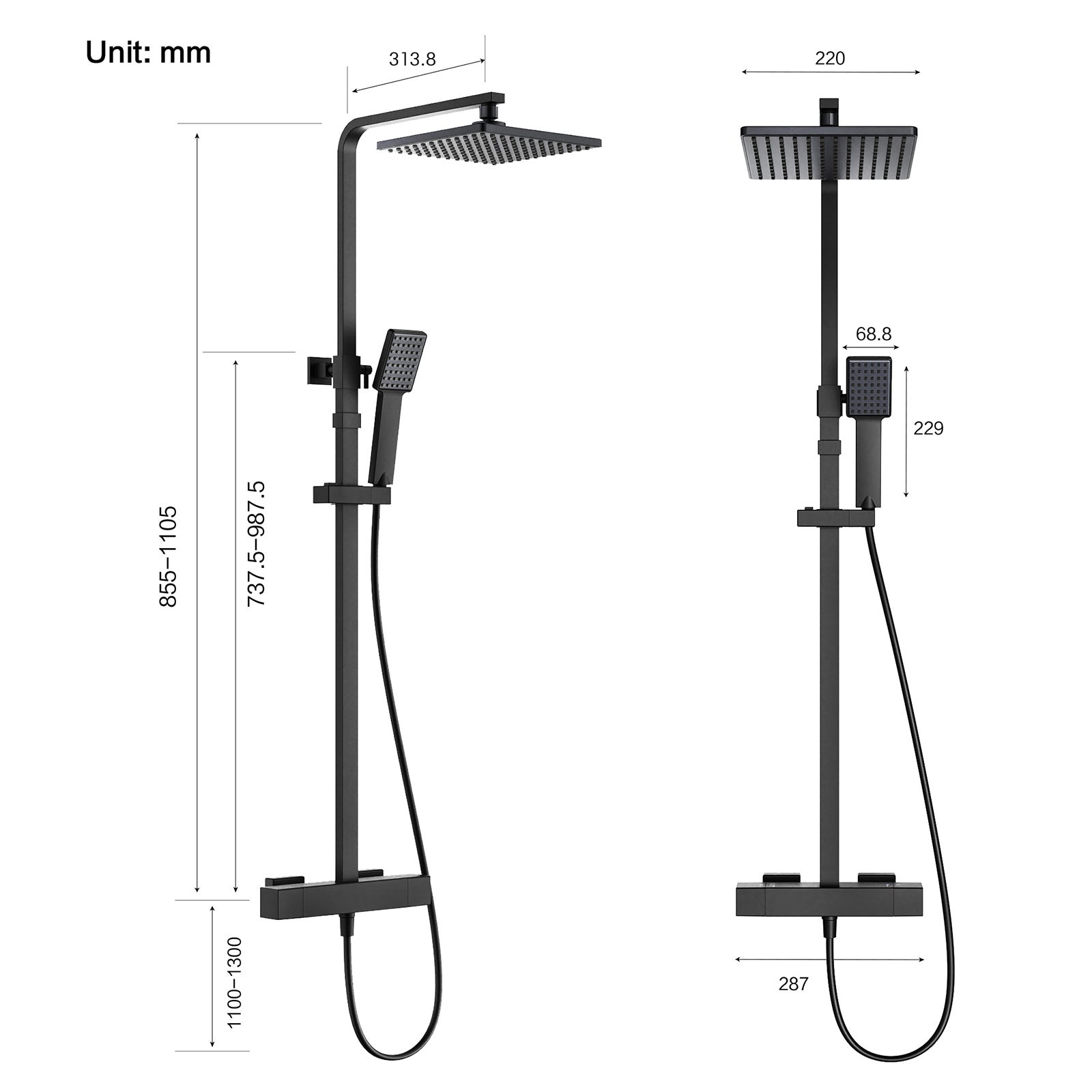 Columna de Ducha Termostática Negra Sin Taladro, Sistema de Ducha Ajustable 855–1105 mm, Cuerpo de Latón, Conjunto de Ducha Mural - 7