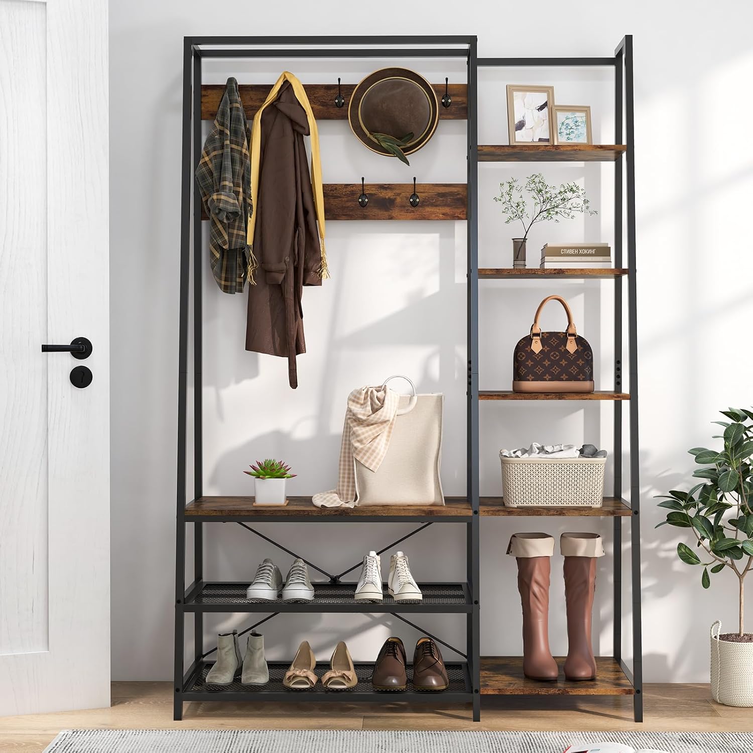 5 in 1 Appendiabiti con Ripiani, Stand Appendiabiti con 9 Ganci, 5 Ripiani Laterali e 2 Ripiani in Rete, Attaccapanni Industriale in Metallo, - 2