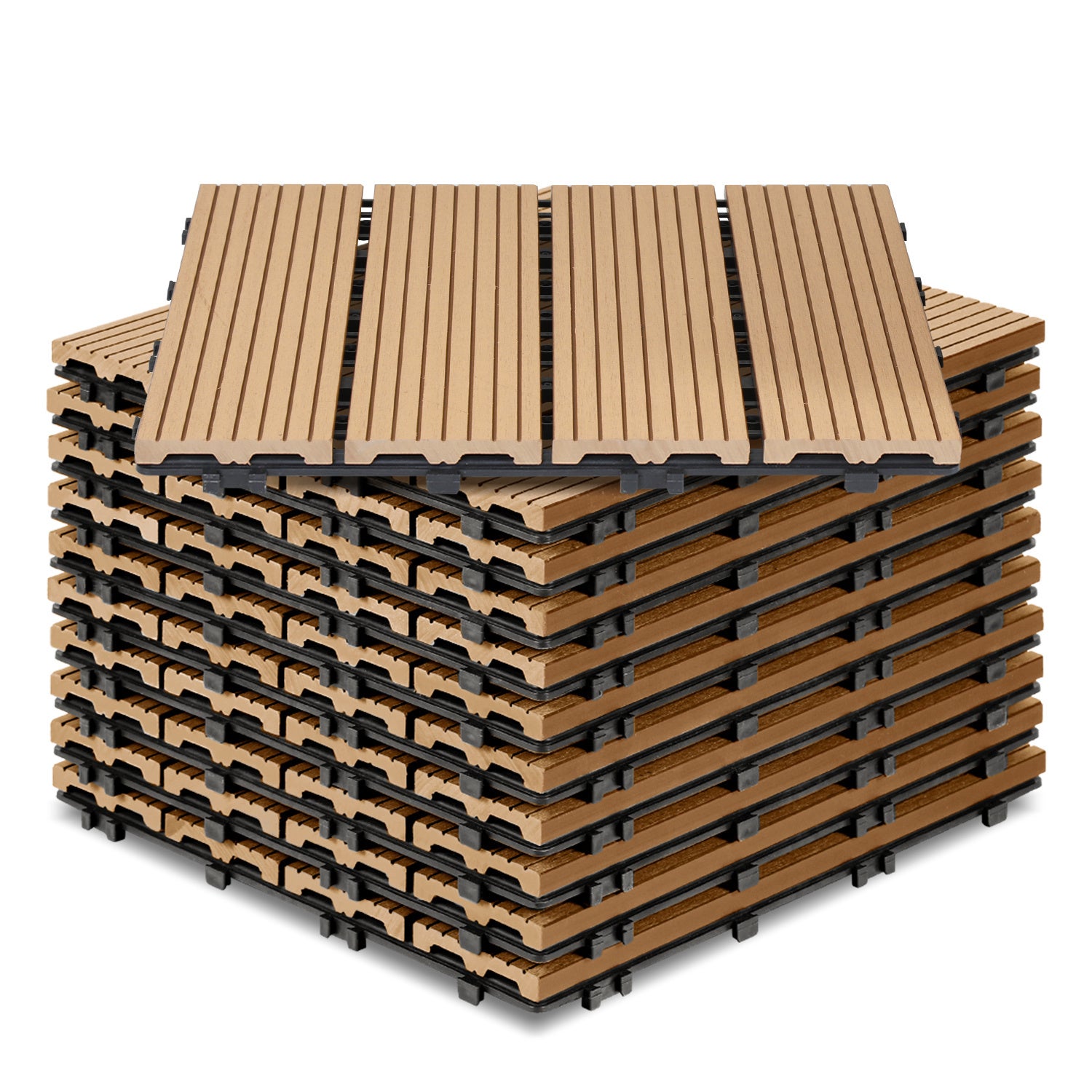 77 sztuk płyt tarasowych WPC z 4 listwami 7 m², 30 x 30 cm, płyty zatrzaskowe Kompozyt drewniany teakowy