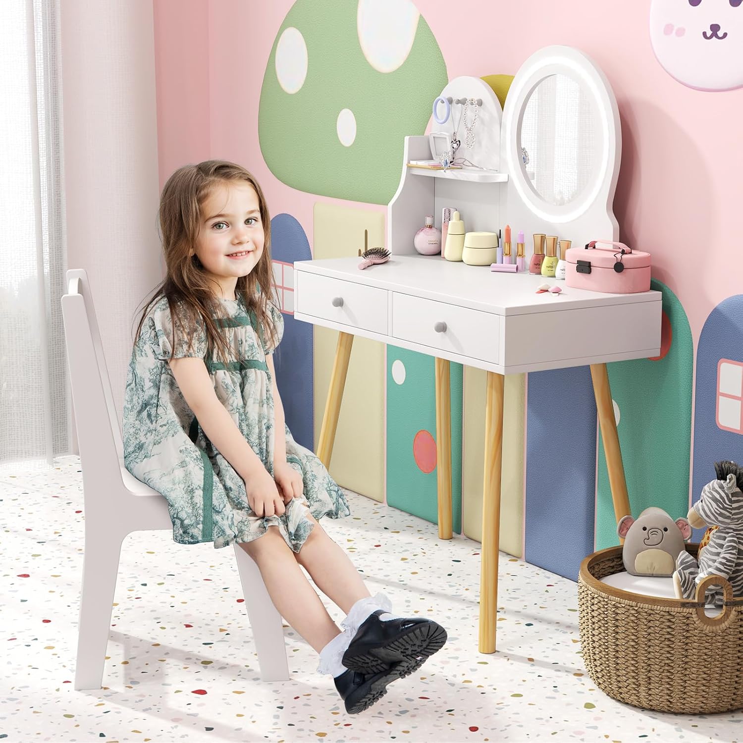 Coiffeuse Enfant Costway En Bois Blanc Avec Miroir, Tabouret Et Tiroir - 72x36x106 Cm
