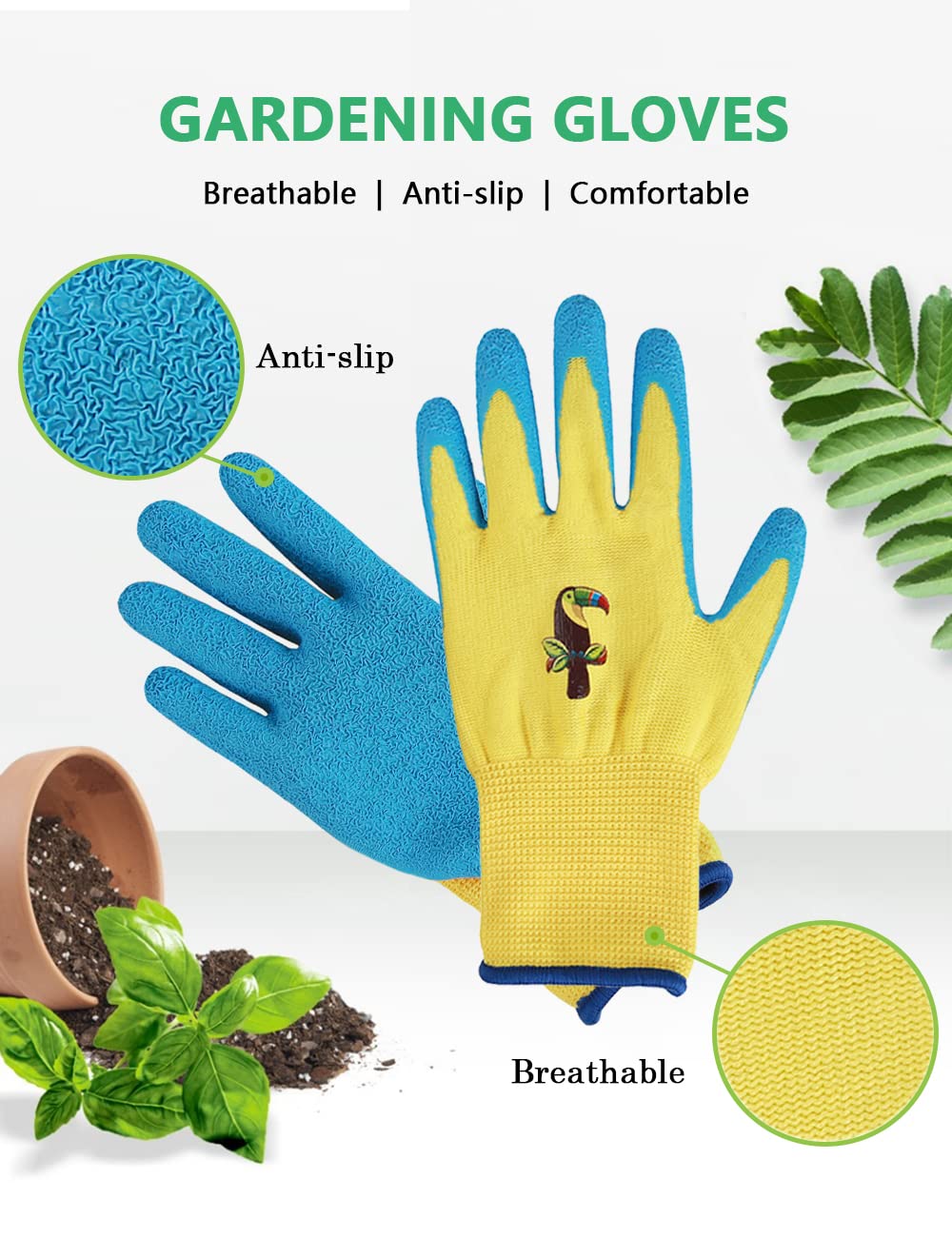 3 Paia Di Guanti Da Giardinaggio Per Bambini - Protettivi In Lattice Con Palmo Antiscivolo, Traspiranti, Impermeabili, Per Ragazzi E Ragazze, Lavori All'Aperto