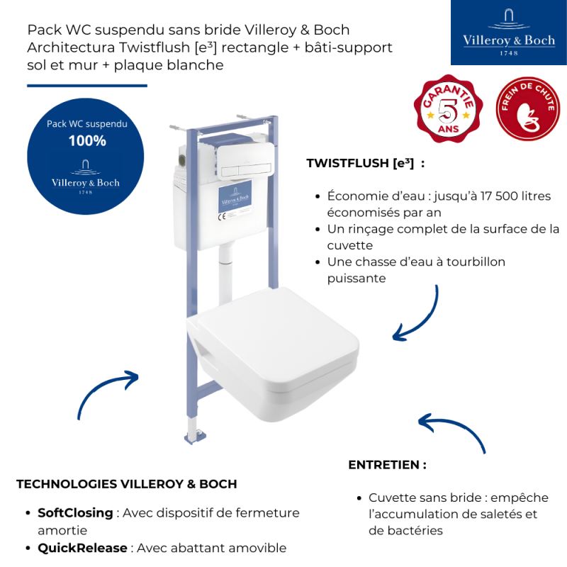 Pack WC suspendu sans bride Villeroy & Boch Architectura Twistflush [e³] rectangle + bâti-support sol et mur + plaque blanc - 3